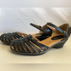 Softspots Leather Woven Peep Toe Wedge Sandals Women’s 9.5M Black Comfort Shoes